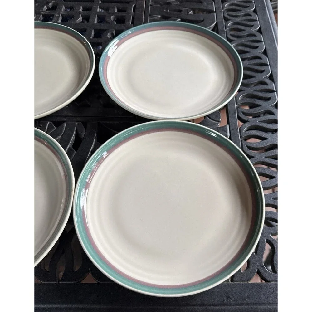 Set Of 4 Pfaltzgraff JUNIPER 10” Dinner Plates Green Mauve Bands USA Vintage